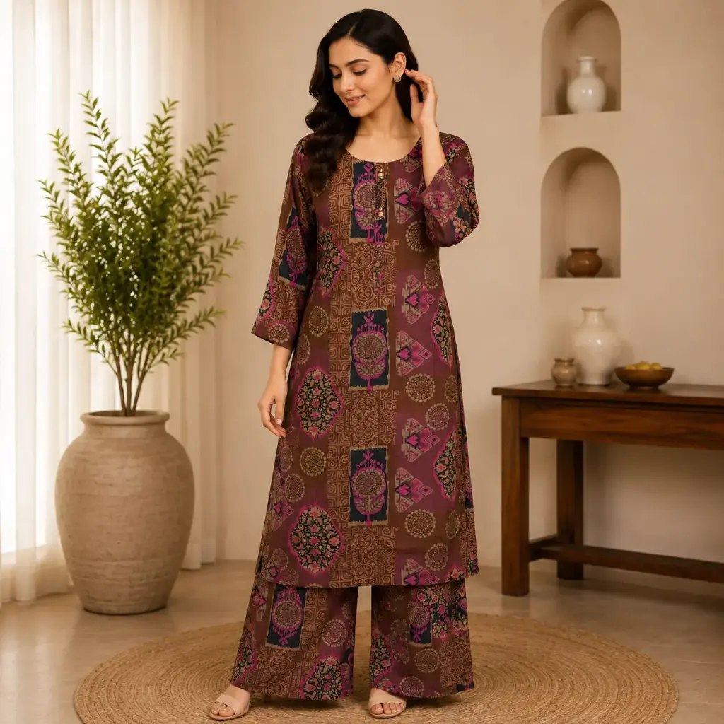Elegant Brown & Magenta Printed Co-Ord Set for Women with Straight Kurta and Palazzo Pants