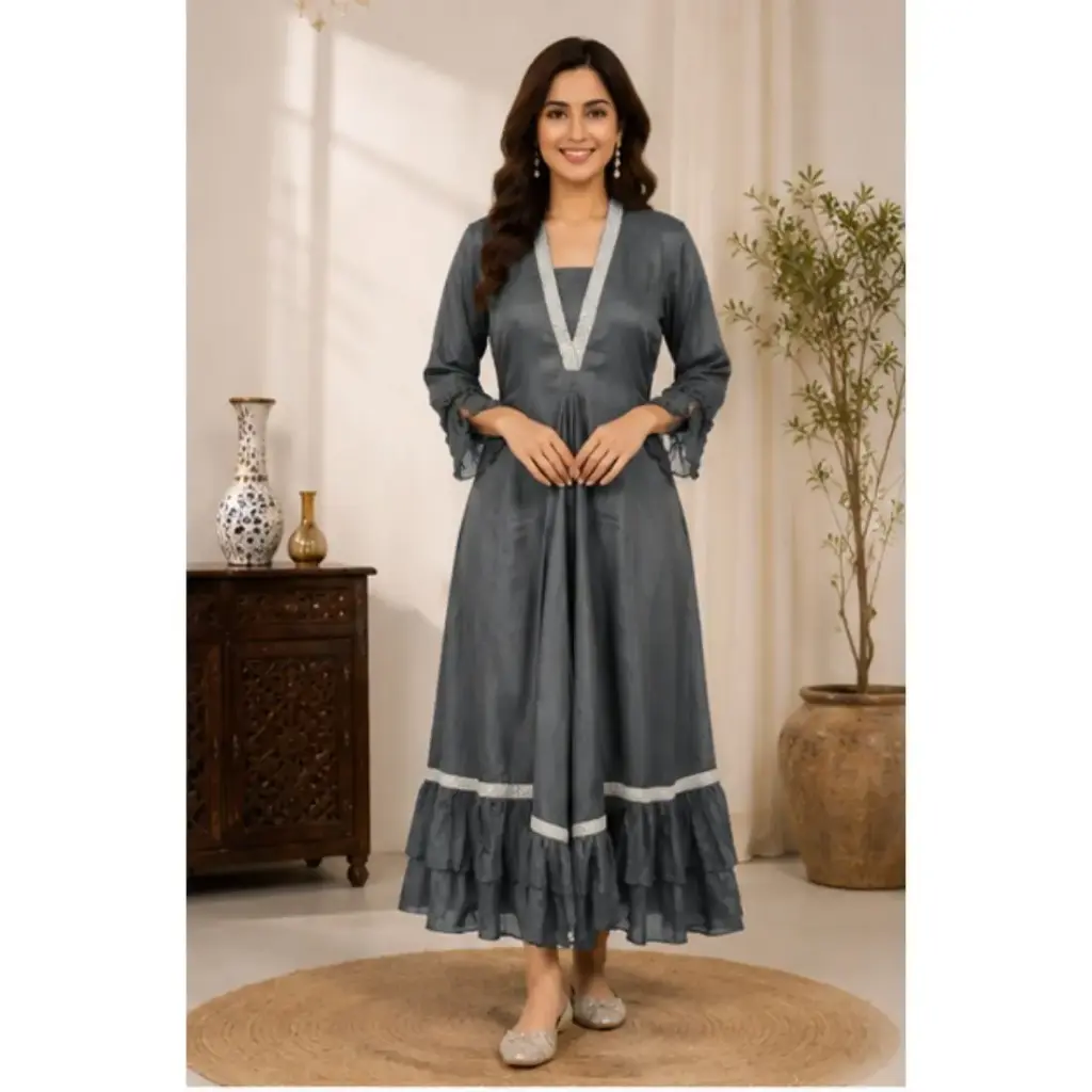 Women's Grey Anarkali Dress with Elegant V-Neck Embellishment, Flared Maxi Gown