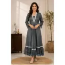 Women's Grey Anarkali Dress with Elegant V-Neck Embellishment, Flared Maxi Gown