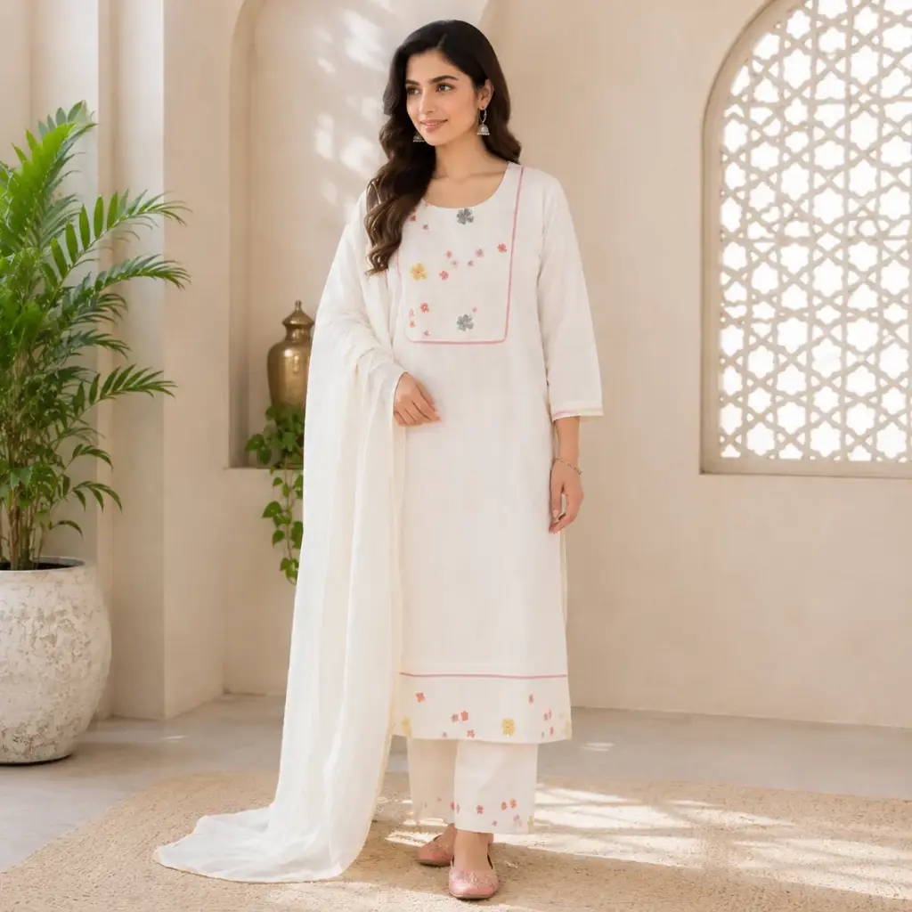 Women's White Floral Embroidered Kurta Pant Dupatta Set