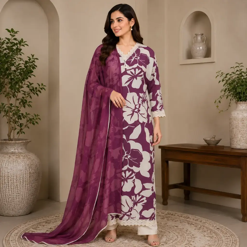 Women's Purple Floral Printed Kurta Set with Dupatta | Elegant Ethnic Salwar Suit