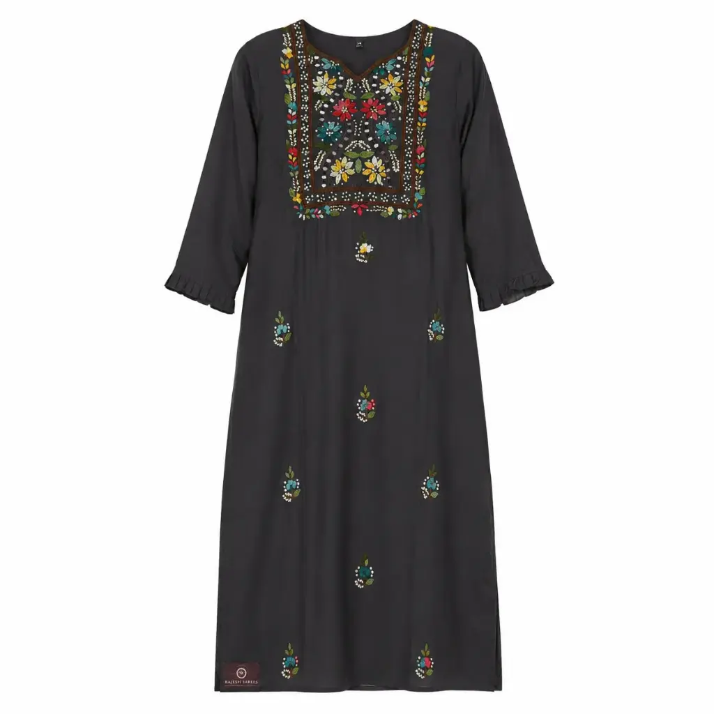 Women's Black Embroidered Cotton Kurti with Colorful Floral Thread Work, Straight Fit