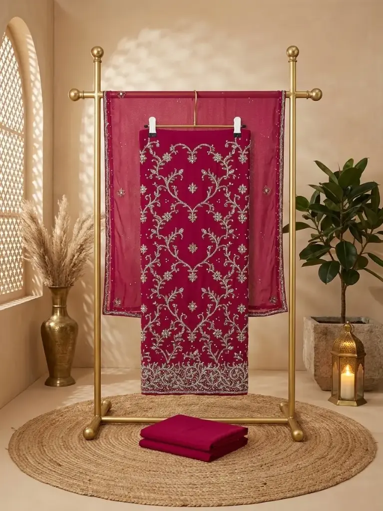 Magenta Embroidered Georgette Unstitched Dress Material Suit Set