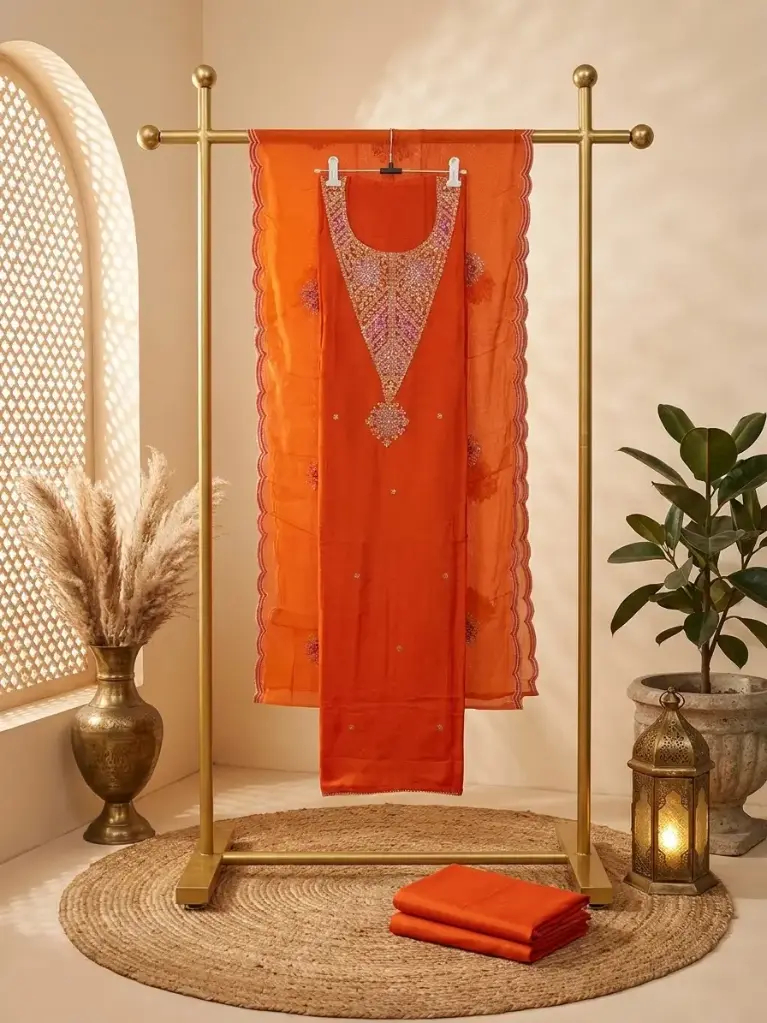 Tangerine Orange Embroidered Silk Unstitched Suit Material Set