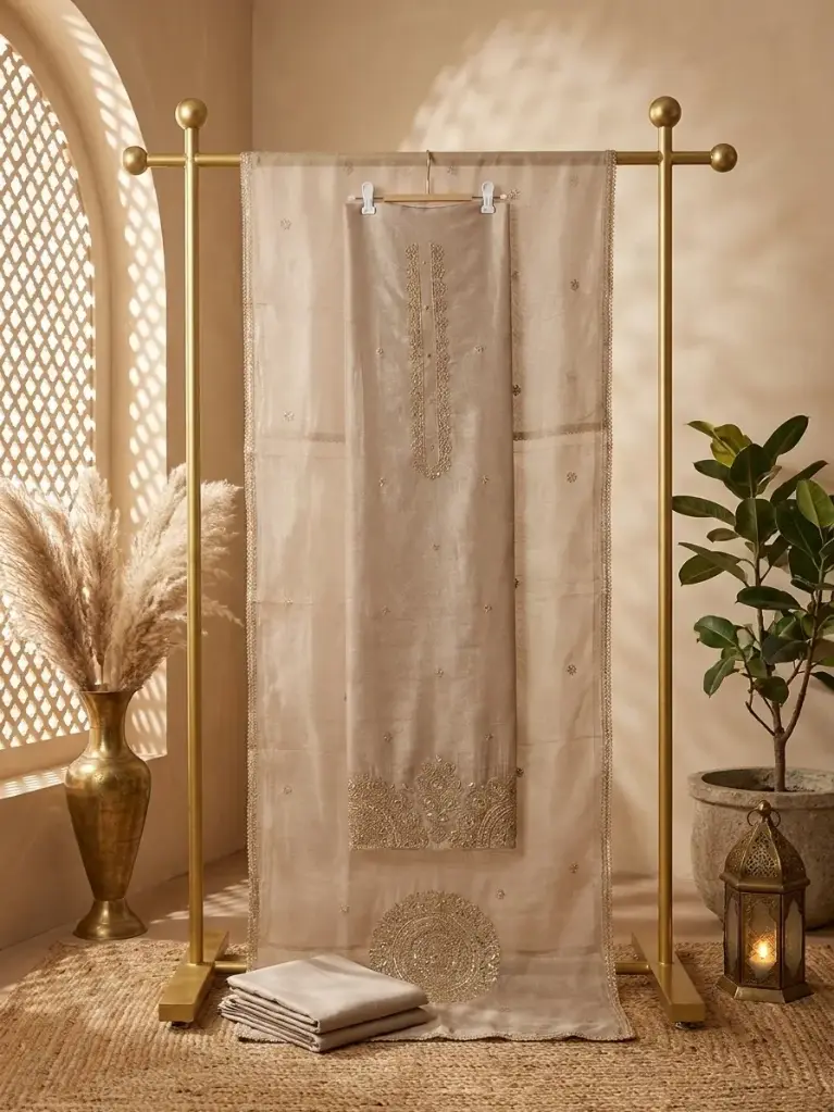Champagne Tissue Silk Unstitched Dress Material with Sequin Embroidery
