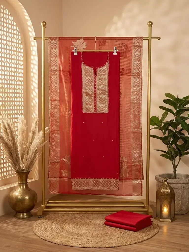 Crimson Red Chanderi Silk Unstitched Suit Material with Banarasi Dupatta
