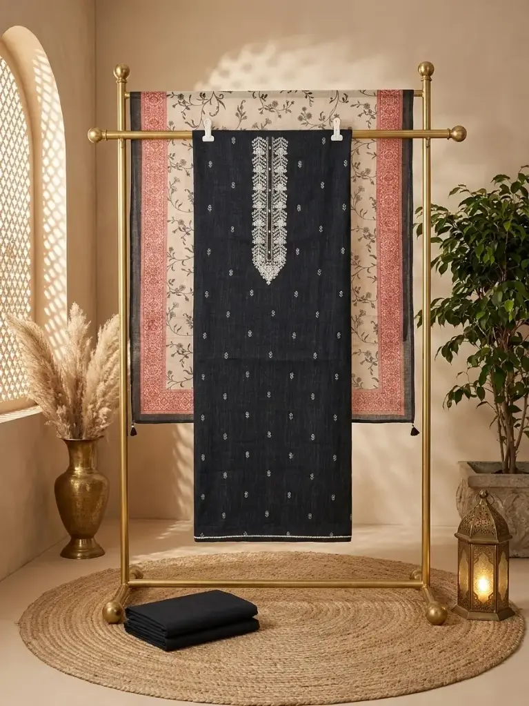 Black Embroidered Cotton Silk Unstitched Dress Material Suit Set