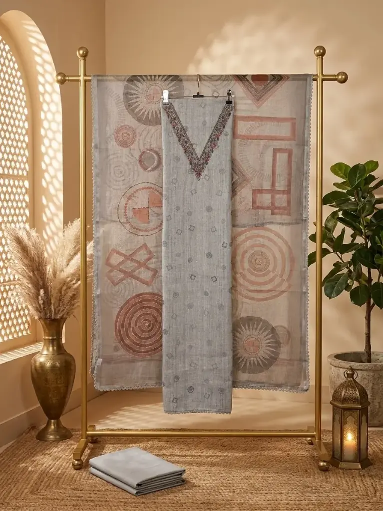 Contemporary Grey Printed Linen Unstitched Suit Material Set