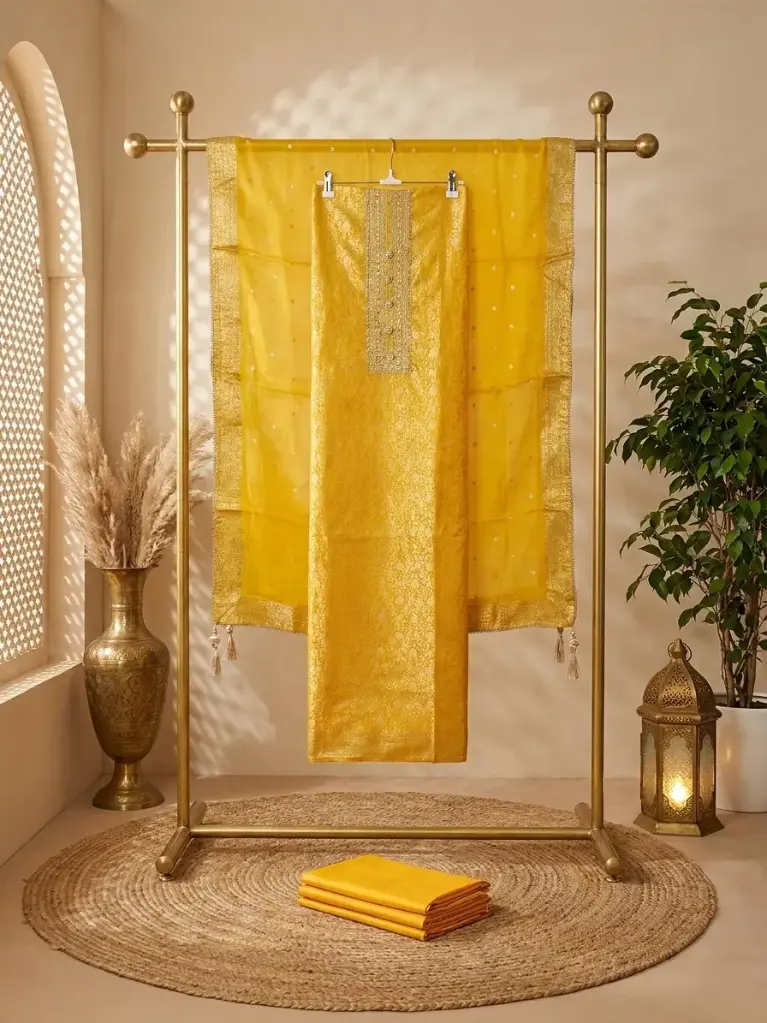 Sunshine Yellow Banarasi Silk Unstitched Suit Material Set 