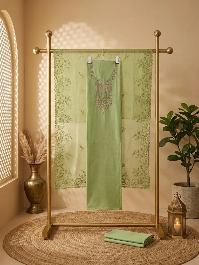 Pistachio Green Embroidered Chanderi Silk Unstitched Suit Material