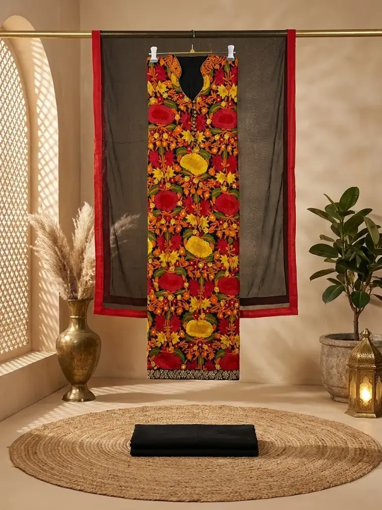 Black Floral Embroidered Georgette Unstitched Dress Material Set