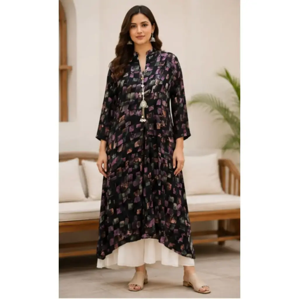 Women's Black Abstract Printed Long Kurti with Stylish Pendant Detail