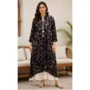Women's Black Abstract Printed Long Kurti with Stylish Pendant Detail