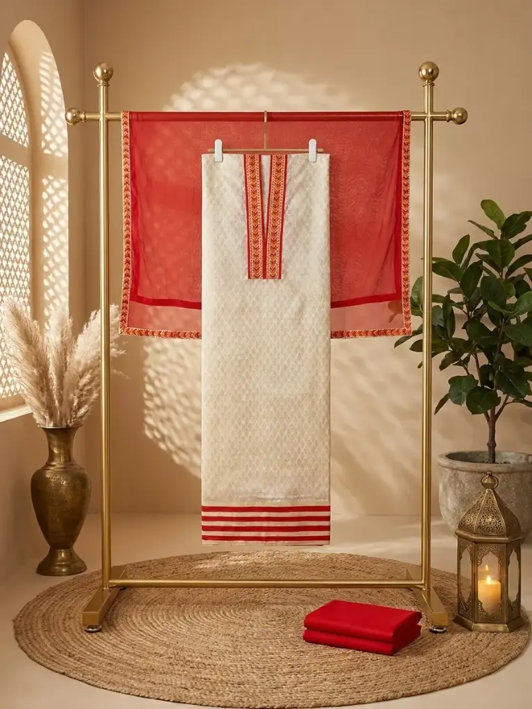 Cream and Red Woven Chanderi Silk Unstitched Suit Material