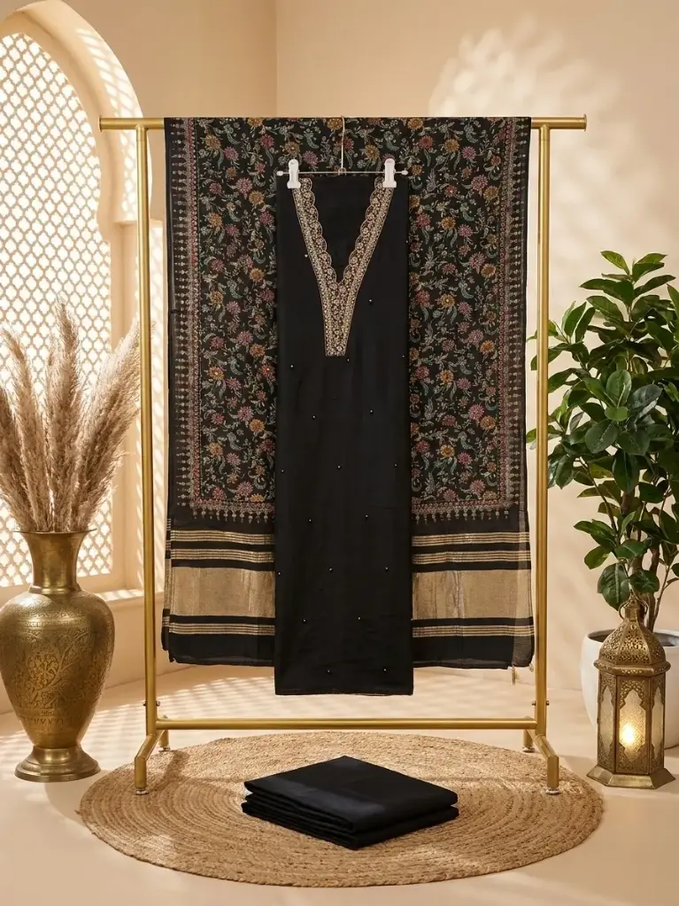 Black Embroidered Silk Unstitched Dress Material Suit Set