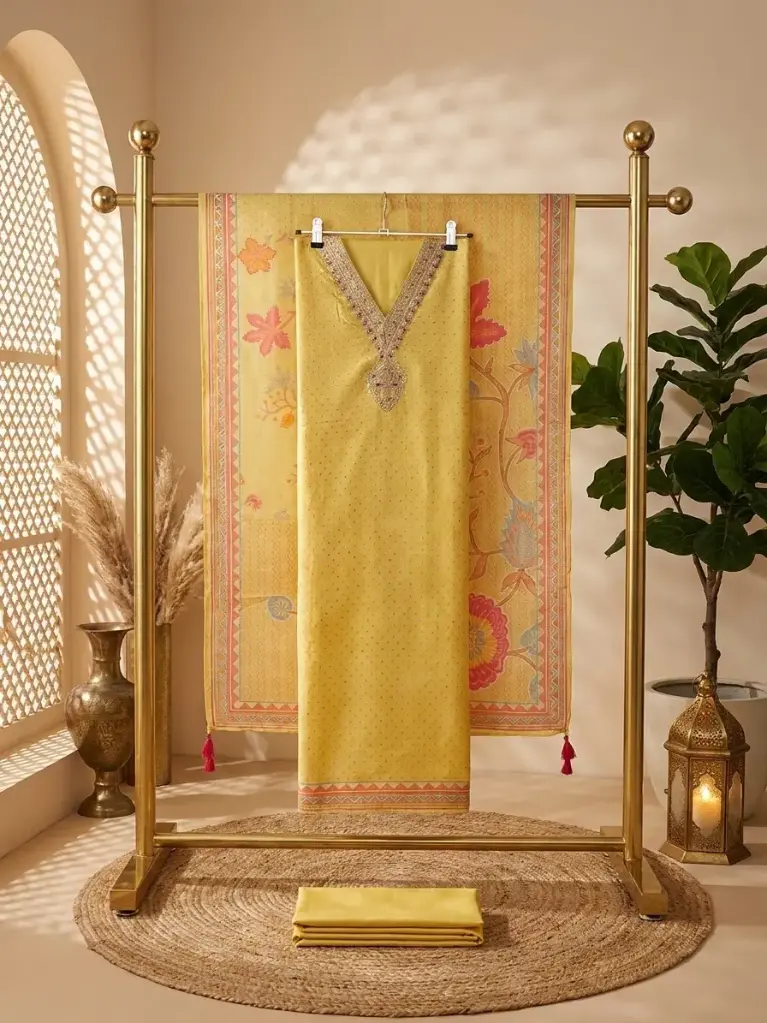 Yellow Printed Silk Blend Unstitched Dress Material