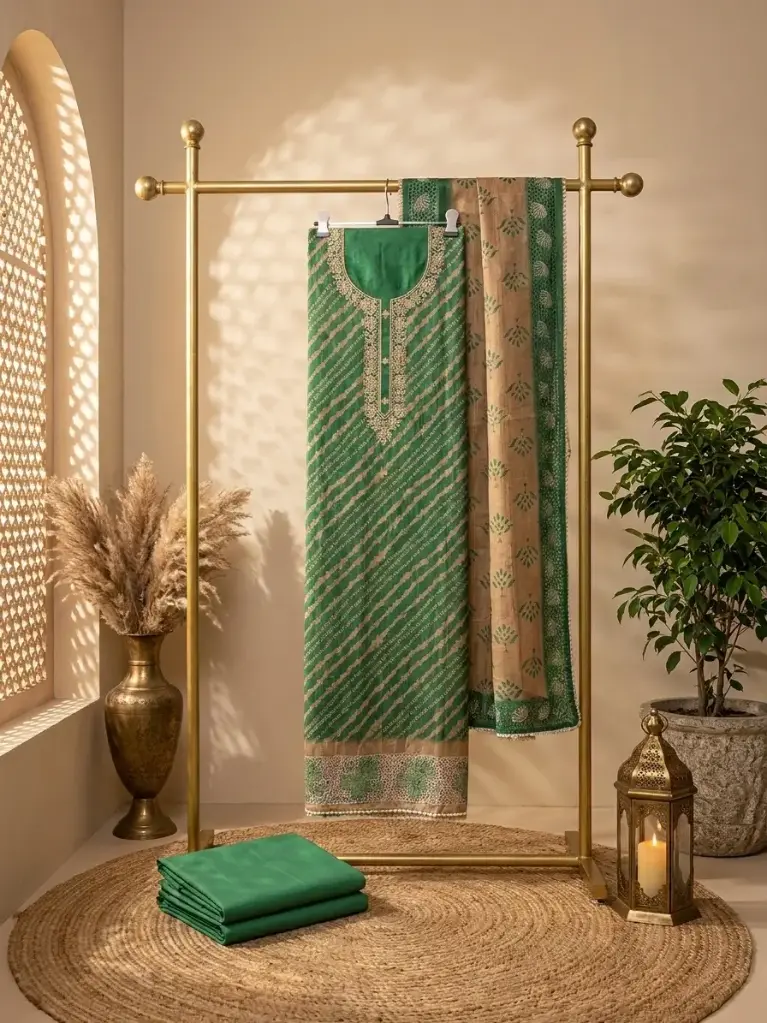 Beige and Green Leheriya Unstitched Suit Material