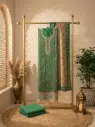 Beige and Green Leheriya Unstitched Suit Material
