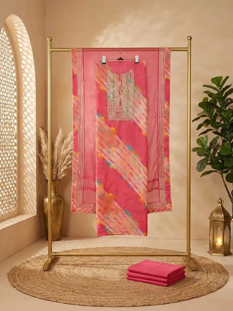 Designer Unstitched Pink Leheriya Dress Material Suit Set