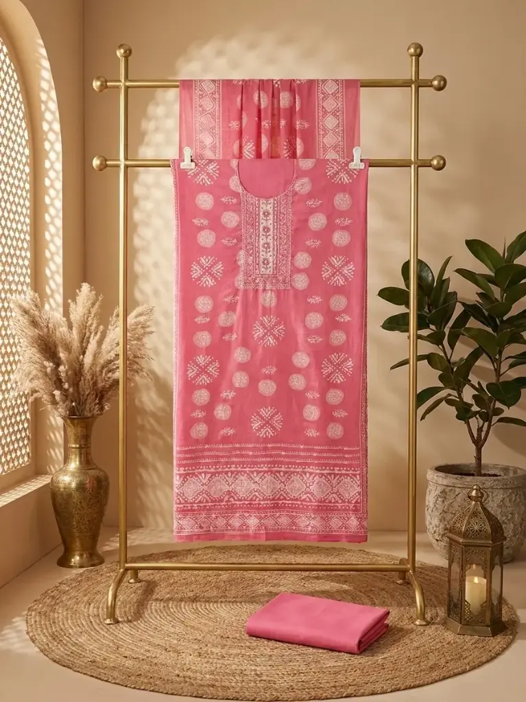 Pink Batik Print Embroidered Cotton Unstitched Dress Material