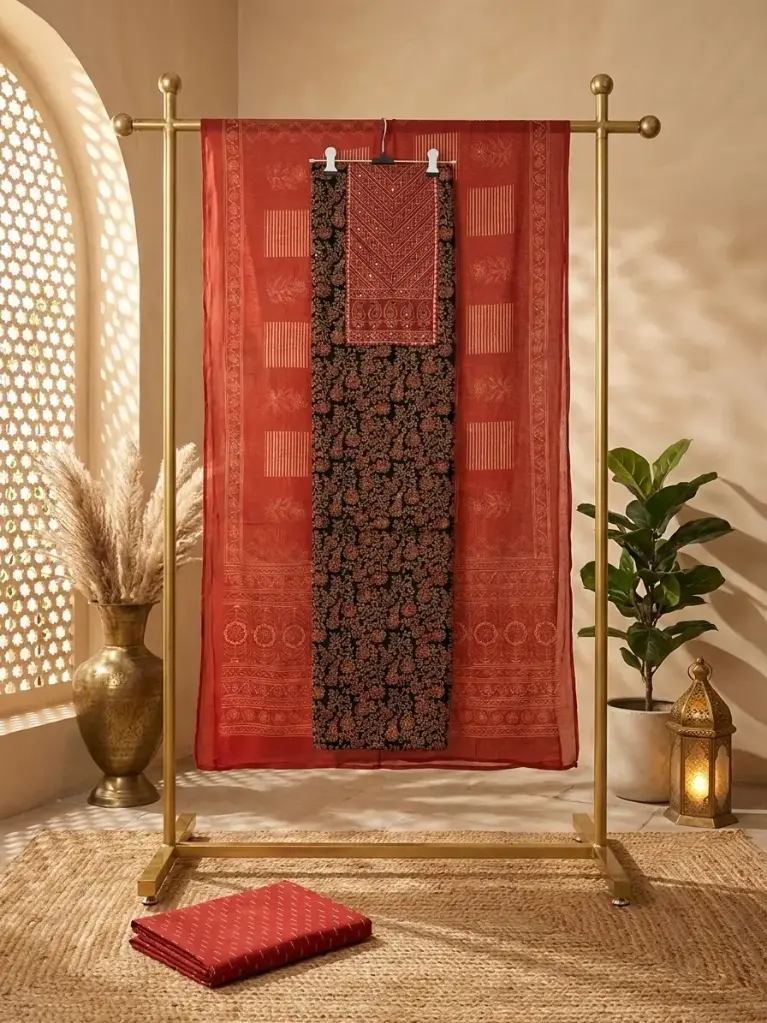 Rust Red n Black Hand Block Printed Unstitched Suit Material