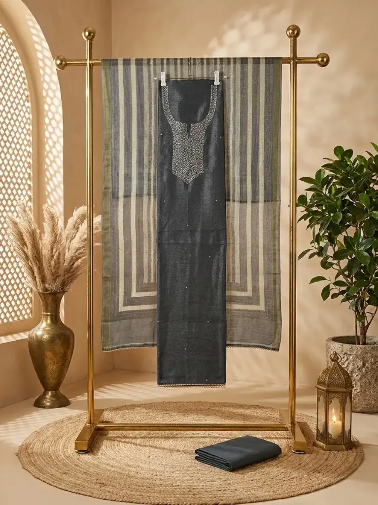 Charcoal Grey Embroidered Unstitched Chanderi Suit Material Set