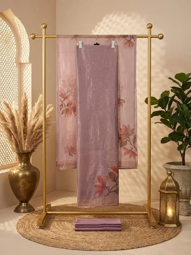 Dusty Mauve Shimmer Tissue Unstitched Floral Suit Material