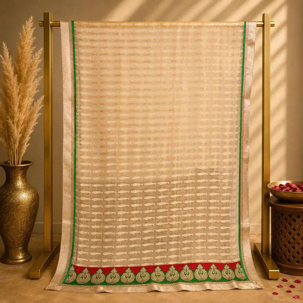 Ivory Printed Saree with Green Red Embroidered Border