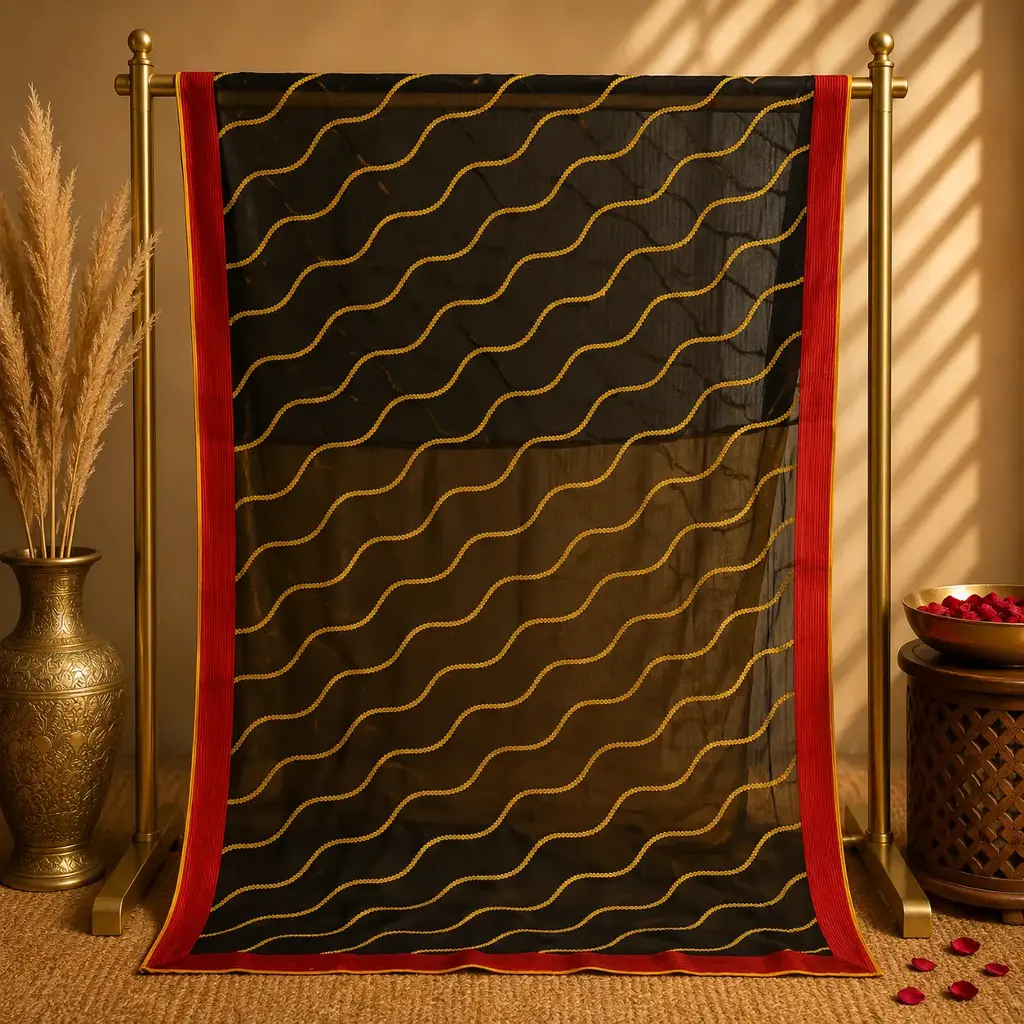 Black Sheer Saree with Golden Wavy Stripes, Bold Red Border