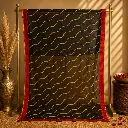 Black Sheer Saree with Golden Wavy Stripes, Bold Red Border
