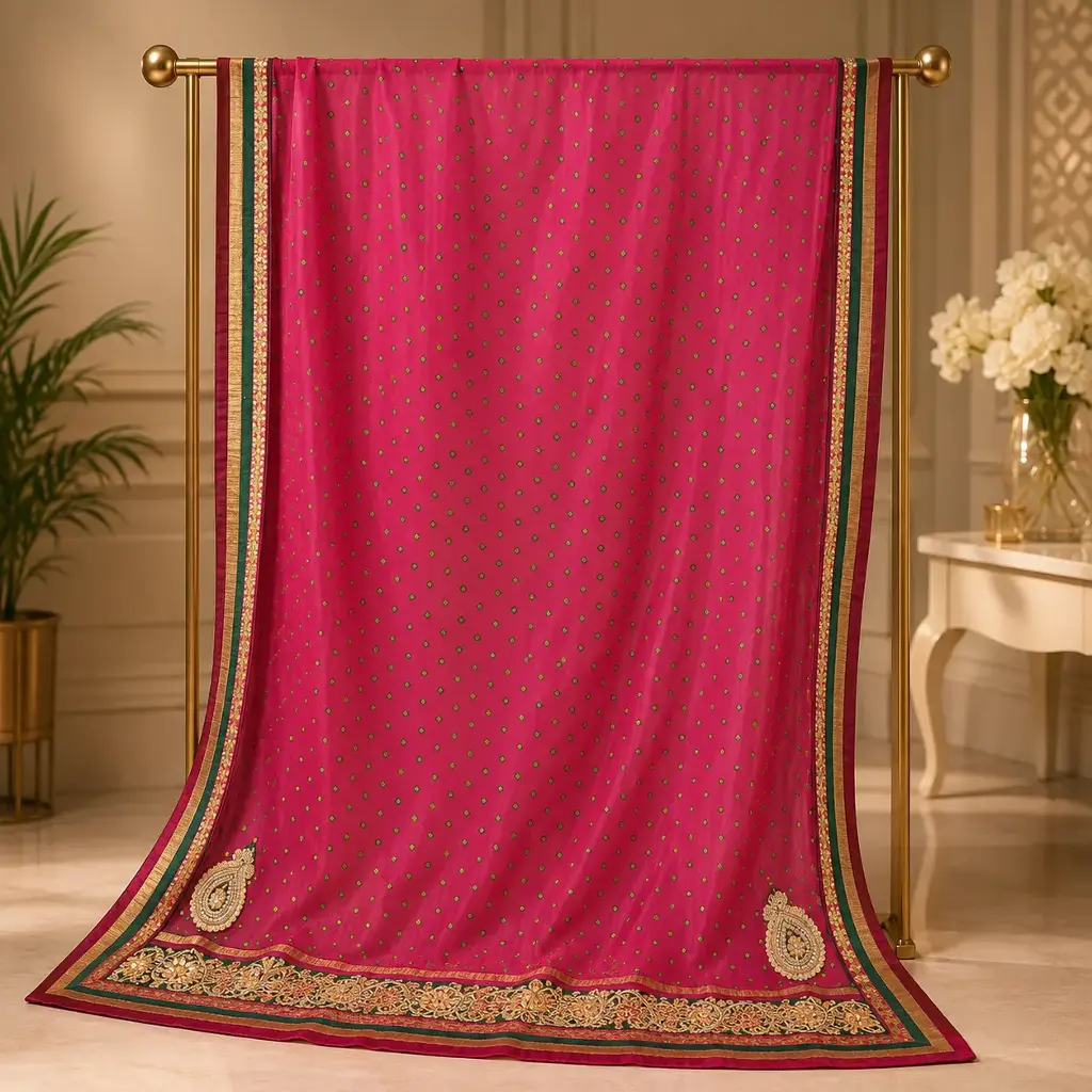 Magenta Bandhani-Inspired Saree with Green Dot Motifs and Ornate Embroidered Border