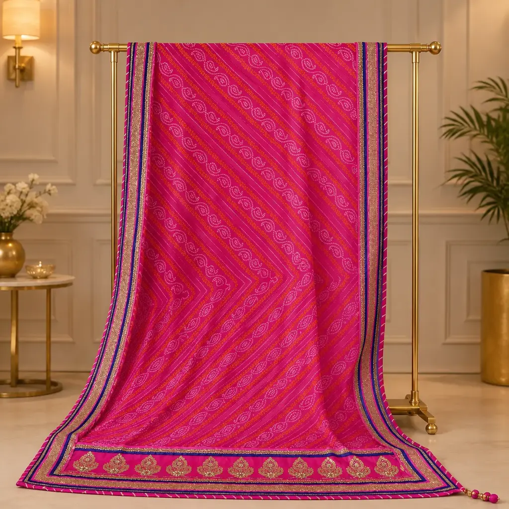 Pink Bandhani Saree with Paisley Motifs and Golden Embroidered Border
