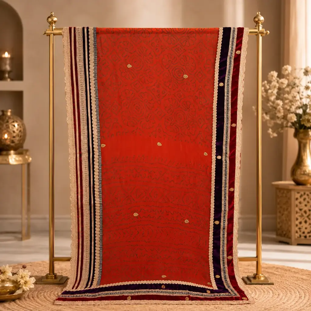 Women's Red Orange Bandhani Style Saree with Contrast Striped Border