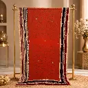 Women's Red Orange Bandhani Style Saree with Contrast Striped Border