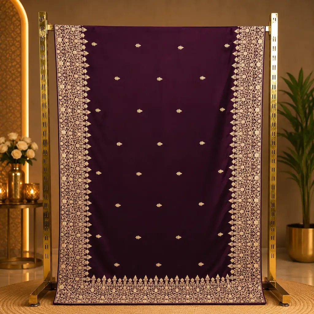 Women's Plum Purple Designer Saree with Gold Embroidered Border and Buti Work