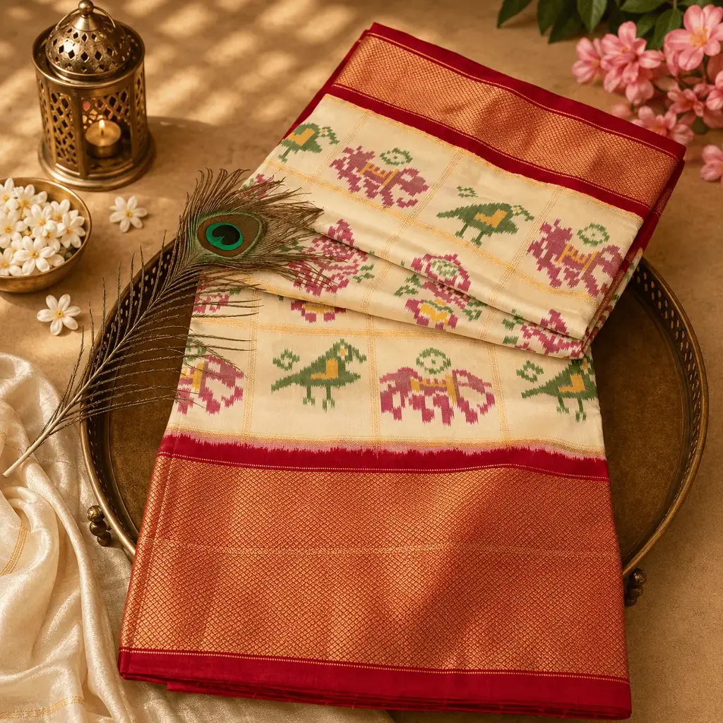 Women's Cream Ikat Saree with Elephant Bird Motifs, Rich Red Zari Border