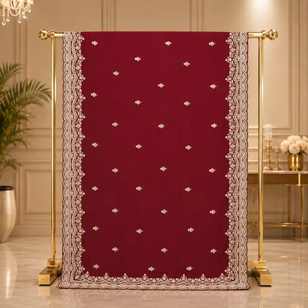 Maroon Saree with Floral Motifs and Heavy Scalloped Embroidered Border