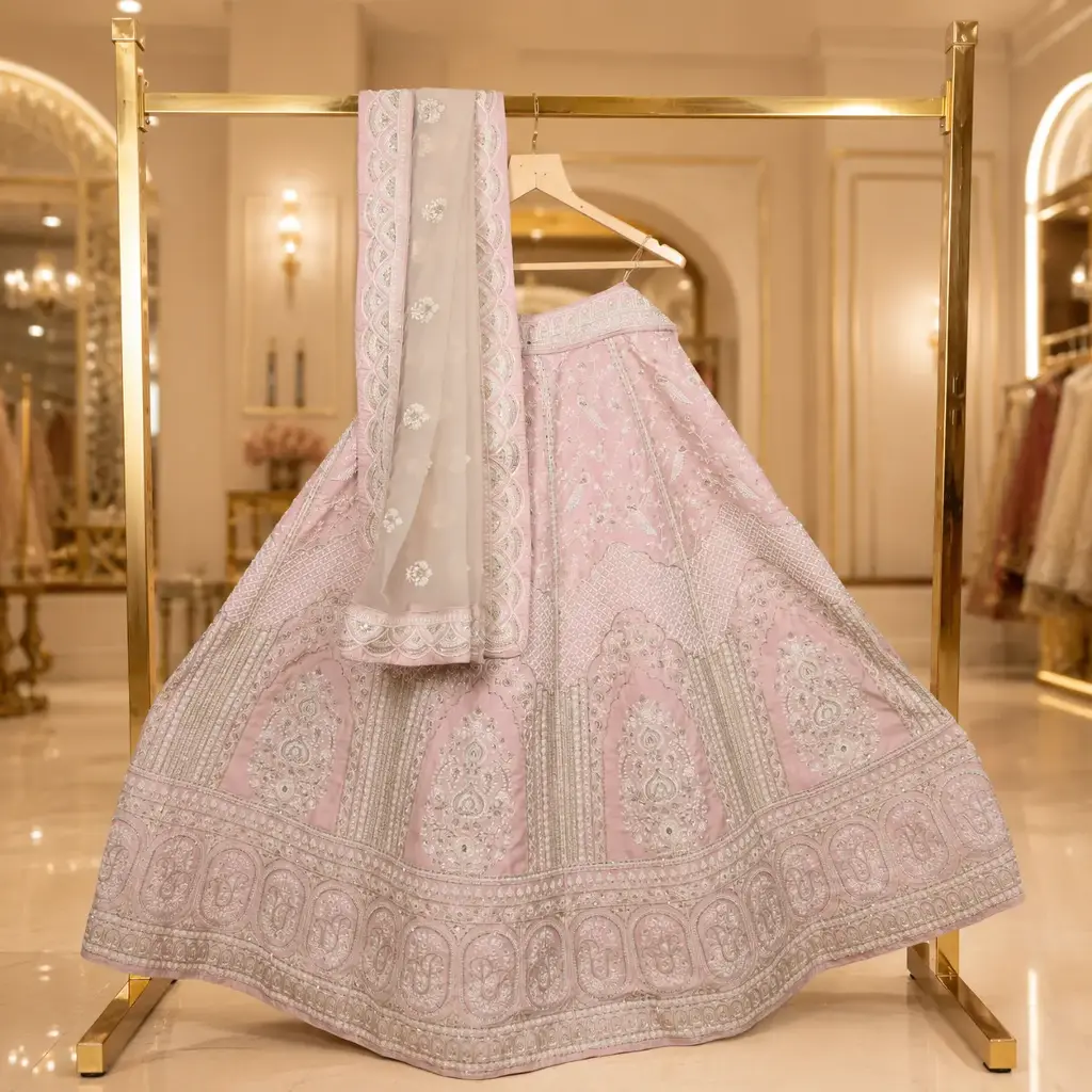 Women's Pink Lehenga Choli with Silver Embroidery and Matching Net Dupatta