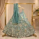 Women's Aqua Green Embroidered Lehenga Choli Set with Sequins, Floral Work and Matching Net Dupatta