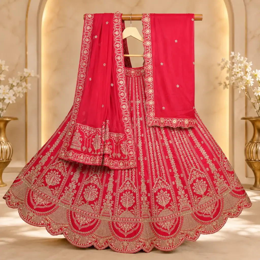 Women's Hot Pink Bridal Lehenga Choli with Gold Embroidery and Dupatta