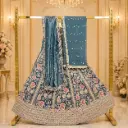 Women's Teal Blue Floral Embroidered Lehenga Choli Set with Sequins and Matching Dupatta for Wedding