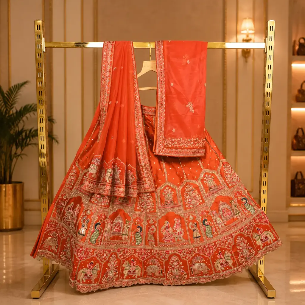 Women's Orange Bridal Lehenga Choli with Royal Motif Embroidery and Dual Dupatta