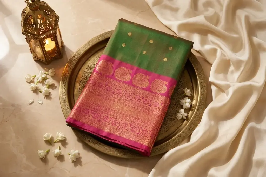Dual-Tone Green and Rani Pink Kanchipuram Silk Saree