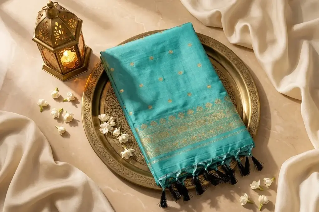 Turquoise Pure Silk Saree with Gold Zari Border