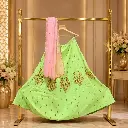 Women's Parrot Green Lehenga Choli with Gold Embroidery and Pink Dupatta