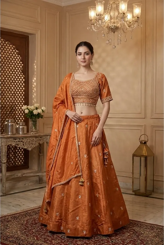 Rust Silk Embroidered Crop Top Lehenga Set with Dupatta