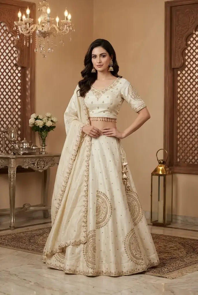Chikoo Tissue Silk Embroidered Lehenga Choli Set