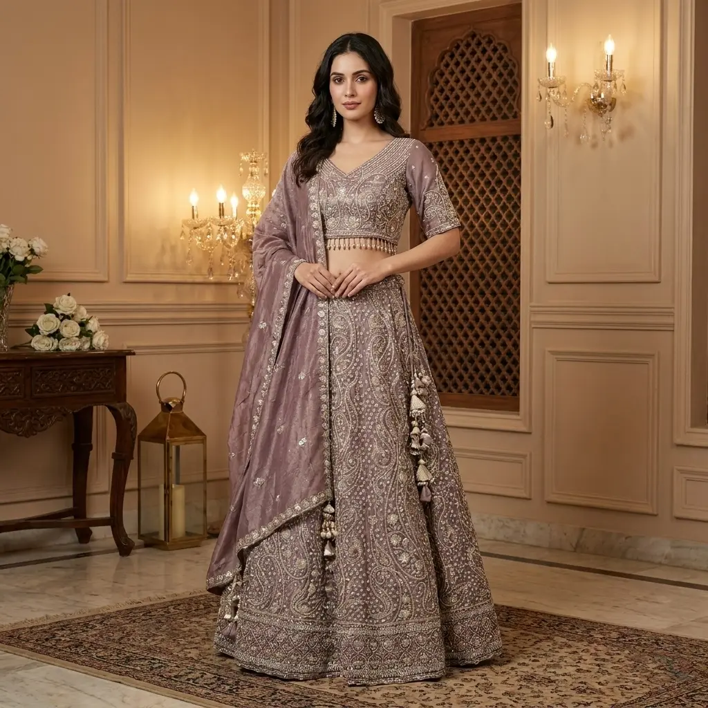Dusty Mauve Tissue Silk Embroidered Lehenga Choli Set