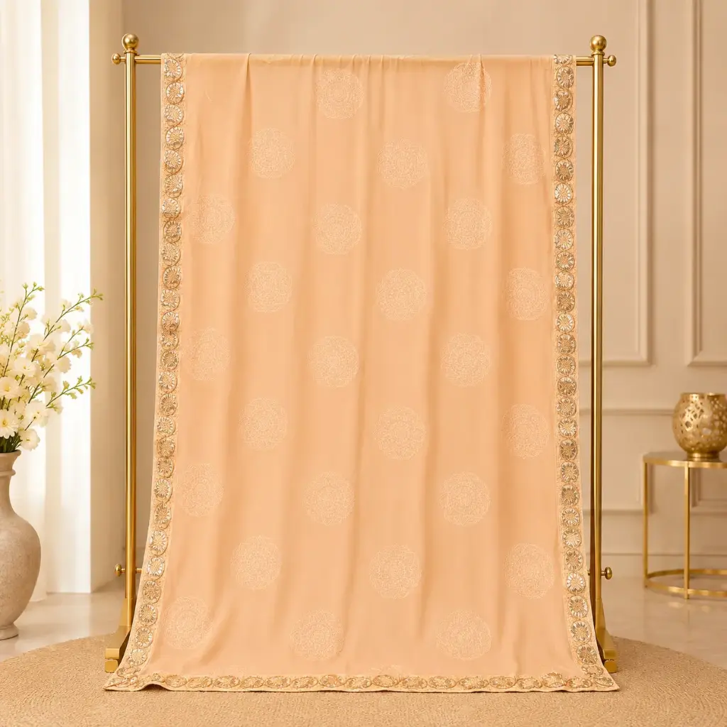 Women's Blush Peach Saree with Embroidered Mandala Motifs and Golden Paisley Border