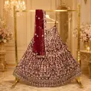 Women's Maroon Bridal Lehenga Choli Set with Floral Embroidery, Sequins and Net Dupatta for Wedding
